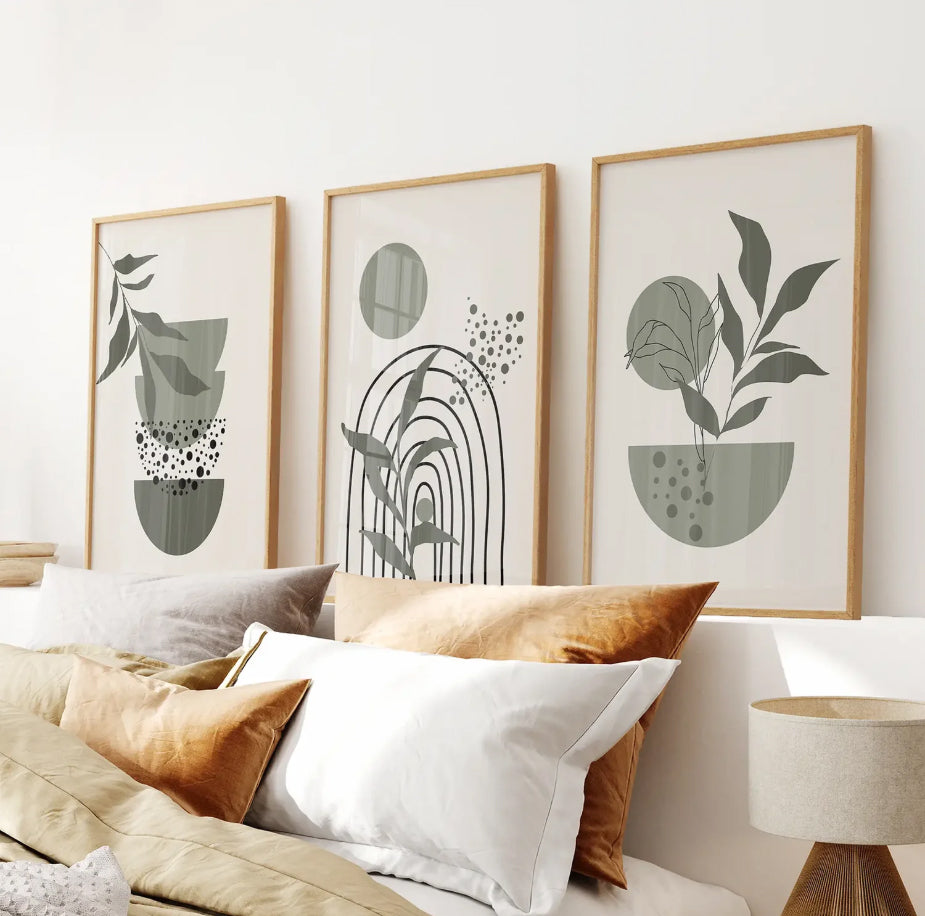 مجموعة من ثلاث لوحات جدارية بوهيمية. ديكور تجريدي أخضر من منتصف القرن بسعر مخفض.