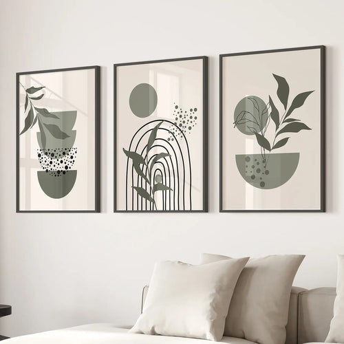 3 Piece Boho Wall Art Prints. Green Mid-Century Abstract Decor Sale price
